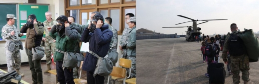 최근 실시된 미군 노무자 전시동원 훈련(左)과 미군가족 대피훈련(右)(출처=미8군 페이스북)