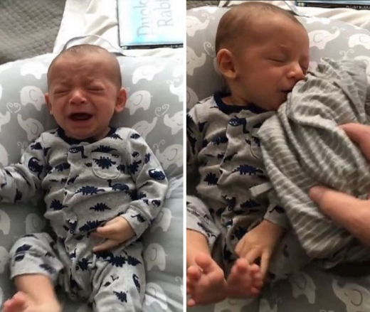 3살 된 아들이 칭얼대자 아빠는 혹시나 하는 마음에 아내가 빨래하려고 놔둔 셔츠를 갖다댔다.