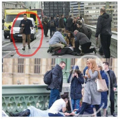 휴대전화를 바라보며 런던 테러현장을 지나가고 있는 백인 남성(위)와 역시 테러로 부상을 입고 쓰러진 남성 곁을 지나는 무슬림 여성(아래)