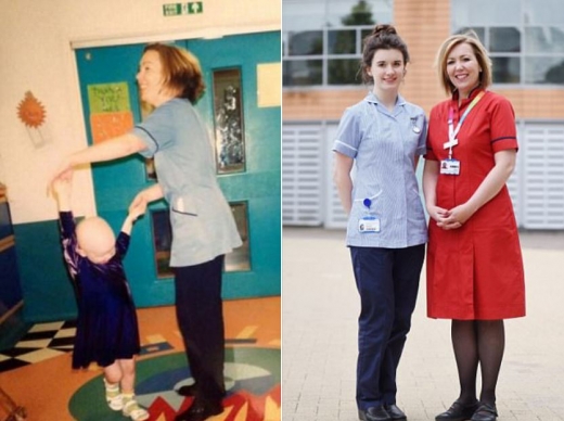 왼쪽에 4살 꼬마가 16년 뒤 간호 실습생이 되었고, 실무경험차 나온 병원에서 자신이 동경했던 간호사와 우연히 만나 이제 동료가 됐다.