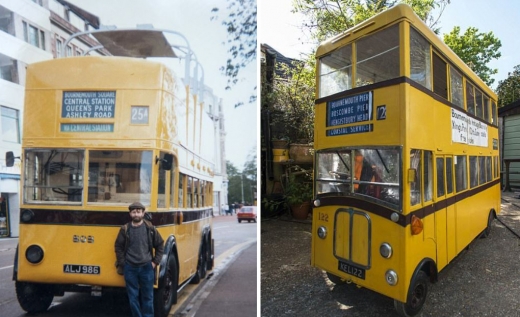 왼쪽은 그가 지난해 가을까지 운영했던 본머스의 옐로우 버스, 오른쪽은 스쿠터를 이용해 만든 자신의 미니버스. (사진=데일리메일 캡쳐)