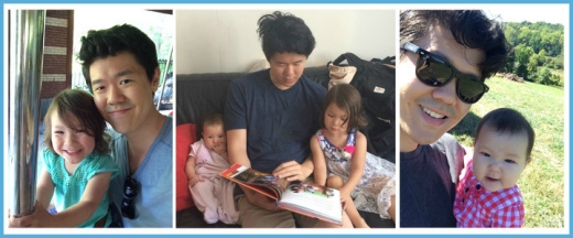 부스스한 머리로 딸에게 동화책을 읽어주고 있는 딸 바보 아빠.