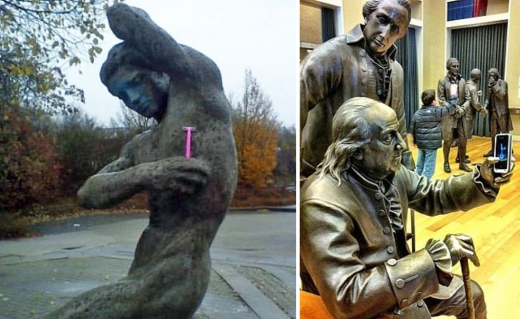 제모 중인 동상, 휴대폰이란 신문물을 들고 있는 듯한 모습.