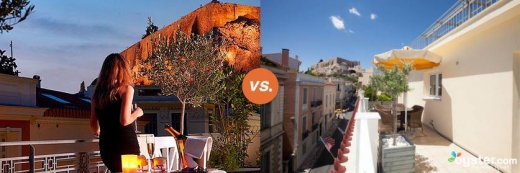 그리스 아테네에 있는 ‘AVA 호텔’의 홍보 사진(왼쪽)은 한 여성이 서 있는 발코니에서 세계유산 아크로폴리스가 가까이 있는 것처럼 보이지만, 오이스터 사진(오른쪽)에서는 훨씬 더 멀리 떨어져 있는 것처럼 보인다.