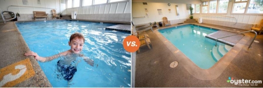 미국 오리건주(州) 시사이드에 있는 ‘인 앳 시사이드’(Inn at Seaside) 호텔이 웹사이트에 공개한 호텔 수영장 사진(왼쪽)은 상당히 커보이지만, 오이스터닷컴 사진은 훨씬 더 작아보인다.