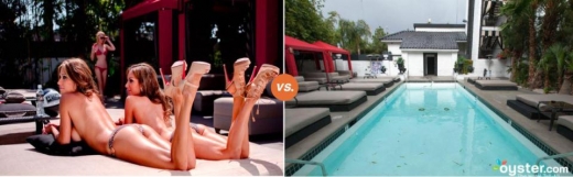 미국 라스베이거스에 있는 ‘아티산 호텔’(Artisan Hotel)의 홍보 사진(왼쪽)은 아주 많이 신나보이지만, 오이스터 사진은 전혀 그렇지 못하다.