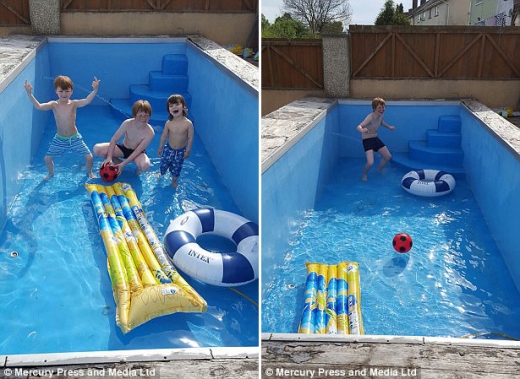 엘러리의 손자들이 수영장에서 놀고 있다.