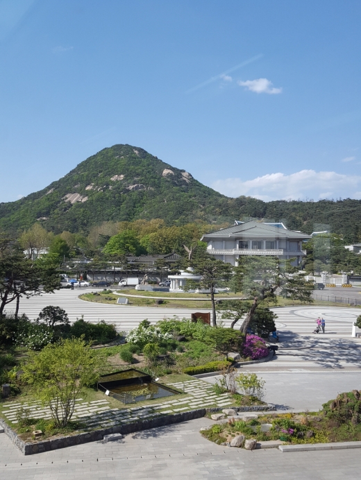 청와대 사랑채에서 바라본 청와대의 정면. 24시간 청와대 앞길이 개방이 되면서 청와대는 최근 관람객들의 방문이 늘어나고 있다.