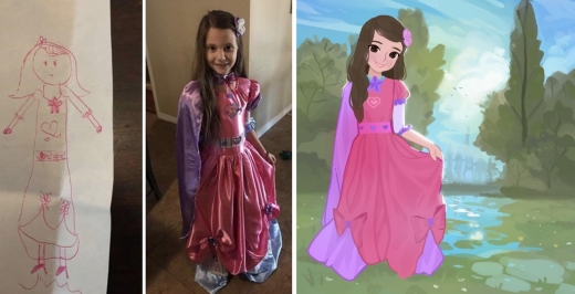 딸이 그린 그림(왼쪽)과 할머니가 만들어준 드레스, 그리고 사연을 공개한 남성이 그린 그림.