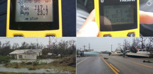 브루어가 올린 다음날 풍속계 수치 및 허리케인이 지나간 마을 풍경. (사진=트위터 캡처)