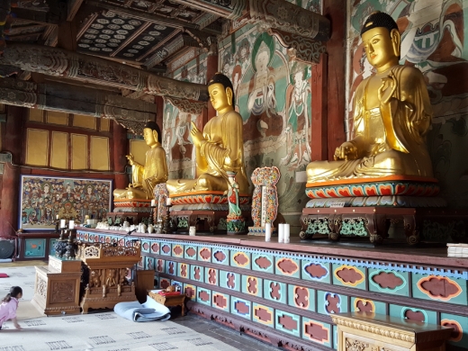 대웅전의 모습. 선운사 대웅전의 불상들은 약사불, 비로자나불, 아미타불 삼불상들이다. 1633년 조각승 무염과 그의 문하승에 의해 제작되었다. 현재 보물 제 1752호.