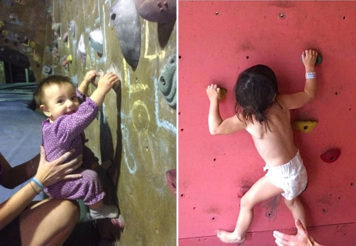 왼쪽은 벨라가 태어난지 3개월이었을 때, 오른쪽은 걷기 전 벽부터 타는 모습이다.