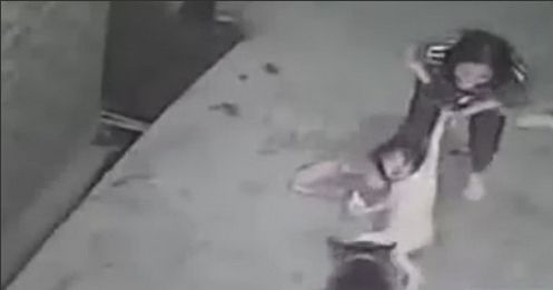 개에게 물린 아이를 구하기 위해 안간힘을 쓰고 있는 류씨의 모습. (사진=CCTV 캡처)