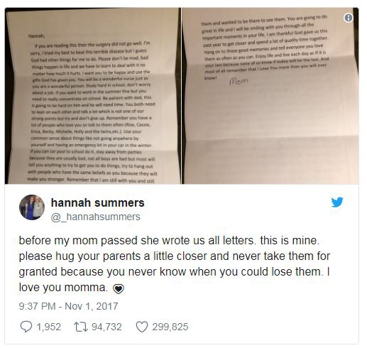 한나가 자신의 트위터에 올린 엄마의 편지.