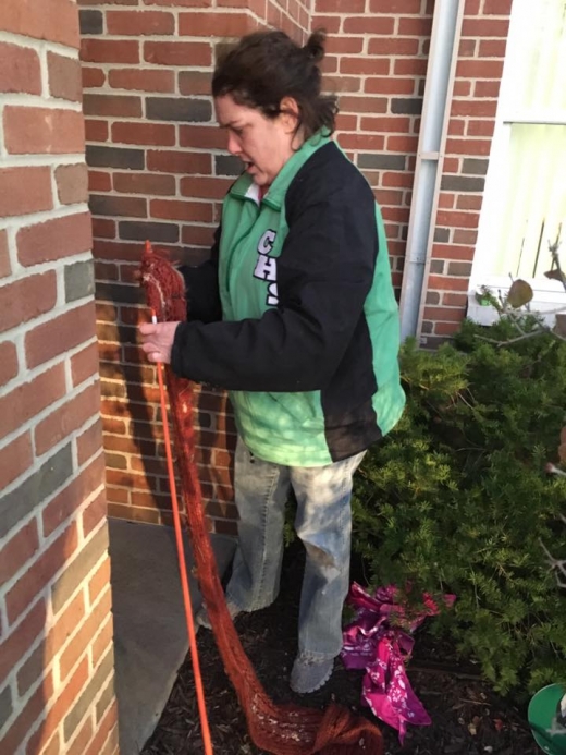 한 여성 자원봉사자가 새끼 고양이 구조에 사용할 사다리를 만들고 있다.