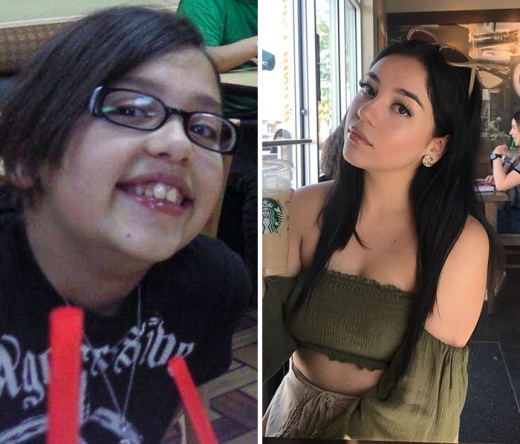 10. 사진에서 도도하게 카메라를 바라보고 있는 이 여성은 과거 천진난만하게 웃고 있던 안경을 쓰고 통통했던 자신의 어린 시절 모습을 공유했다.(@sadkidsky/트위터)