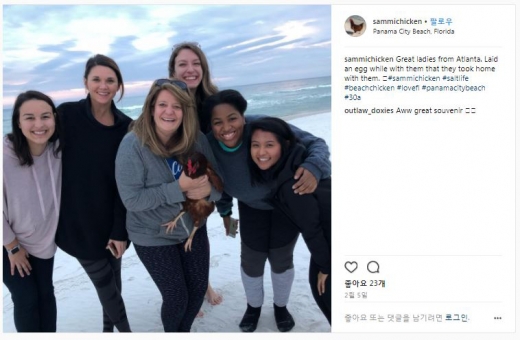 새미는 여행중 만난 사람들과 사진을 찍었다.