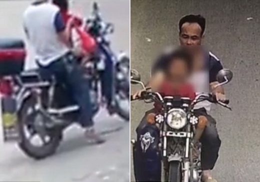 아이를 오토바이에 태운 후, 황급히 자리를 떴다.