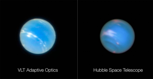 VLT가 촬영한 해왕성(왼쪽)과 허블우주망원경이 촬영한 해왕성으로 촬영 시기는 다르다.