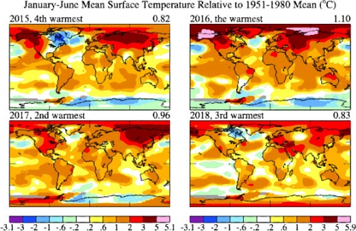 2015년부터 2018년까지 4년 동안 지구의 상반기 기온을 보여주는 자료 사진.