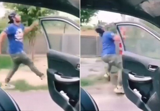 앞에 뭐가 있는지 모르고 춤을 추던 남성.