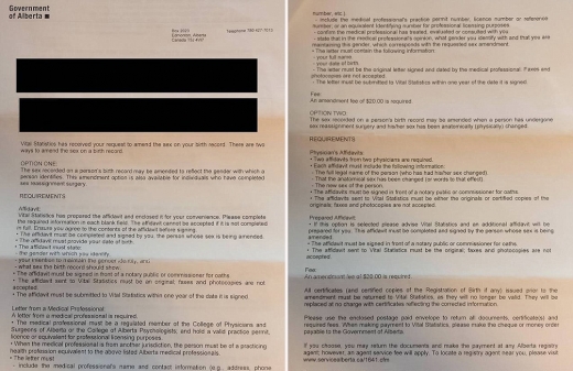 앨버타주 정부로 받은 서류에는 그가 성별을 어떻게 하면 바꿀 수 있는지에 대한 개요가 담겨있었다.