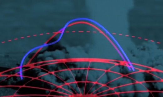 빨간색선이 일반적인 탄도미사일의 비행궤적이며 파란색선이 이스칸다르-M 탄도미사일의 비행궤적이다 일반적인 탄도미사일과는 완전 다른 모습을 보이고 있다 (사진=KBM)