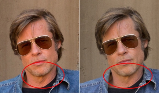 브래드 피트, 왼쪽은 포토샵 수정 전 원본 사진, 오른쪽은 수정 후 사진