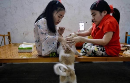 자매는 휴대 전화로 인터넷 생방송 중이다.