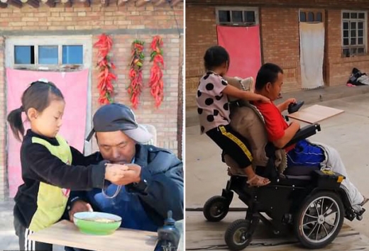 아버지에게 음식을 직접 떠먹여주고 산책도 함께 한다.