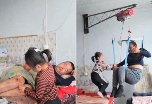 왼쪽은 아버지 무릎에 연고를 바르고 있는 지아지아. 오른쪽은 자신의 온 힘을 다해 아버지를 휠체어에 이동시키는 모습.