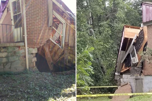집이 무너지고 밑으로 큰 구멍이 나 있는 모습을 볼 수 있다.