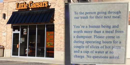 부부가 연 피자 가게와 가게 창문에 붙인 알림문.