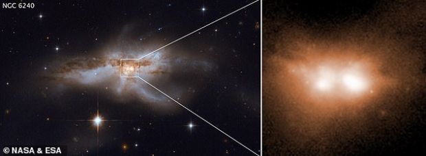충돌하는 은하 ‘NGC6240’와 충돌 직전의 블랙홀(오른쪽)