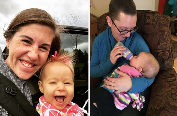 왼쪽은 하노버와 딸 매기, 오른쪽은 카터가 하노버의 모유를 딸 로지에게 먹이고 있는 모습.