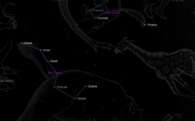 북두칠성과 작은곰자리의 북극성을 보여주는 하늘지도. 출처=Starry Night Software