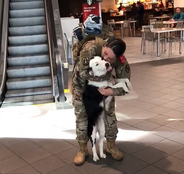 자신을 격하게 반겨준 반려견 미시 메이에게 입맞춤을 하고 있다.