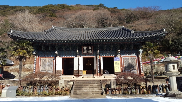 대흥사의 대웅보전. 우리나라에서는 가장 특이한 대웅전 가람배치 중의 하나다. 야자수가 돋보인다