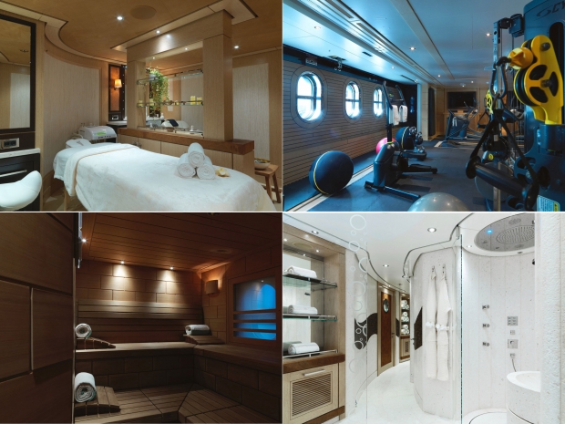 마사지룸(왼쪽부터 시계방향으로), 헬스장, 스파, 사우나.