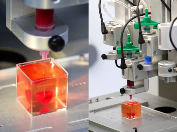 이스라엘 텔아비브대 연구팀이 15일(현지시간) 3차원(3D) 프린팅 기술을 활용해 혈관과 조직세포를 갖춘 인공심장 제작 과정을 시연하고 있다. 실제 환자의 조직세포에서 추출한 성분이 주원료로 사용됐다.텔아비브 AFP 연합뉴스