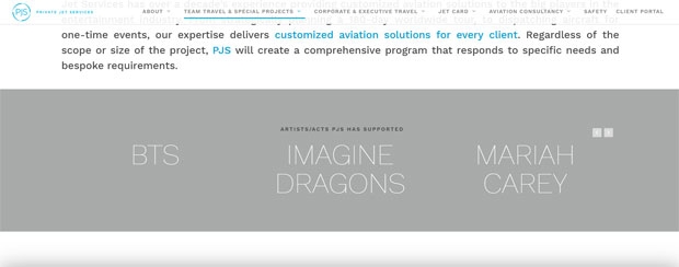 유명 월드스타들의 전용기 대여를 도맡고 있는 PJS사 홈페이지에 BTS의 이름이 함께 내걸렸다/사진=PJS 홈페이지