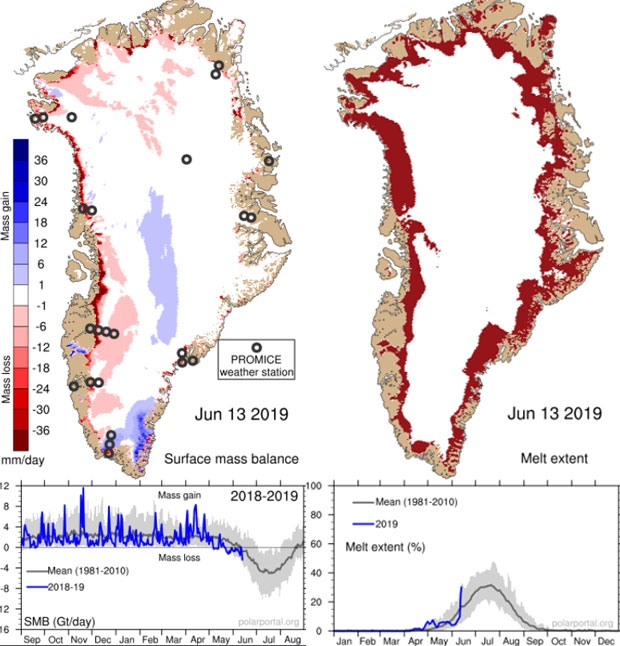 빨간색 부분이 빙상이 녹아내린 지역. 전문가들은 올해 해빙 수치가 종전의 기록을 깰 것으로 내다보고 있다/사진=폴라포털