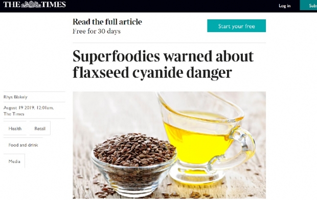 아마씨의 유해성을 담은 유럽식품안전국의 보고서를 보도한 영국 더타임즈 기사 캡쳐