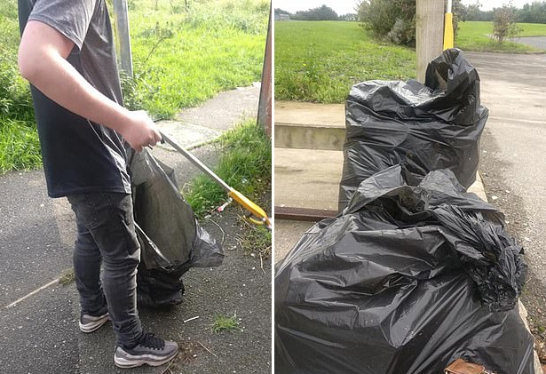 루이가 하루 동안 거리에서 치운 쓰레기는 두 개의 검은색 쓰레기 봉투를 꽉 채웠다.(사진=스테이시 로버트슨/페이스북)