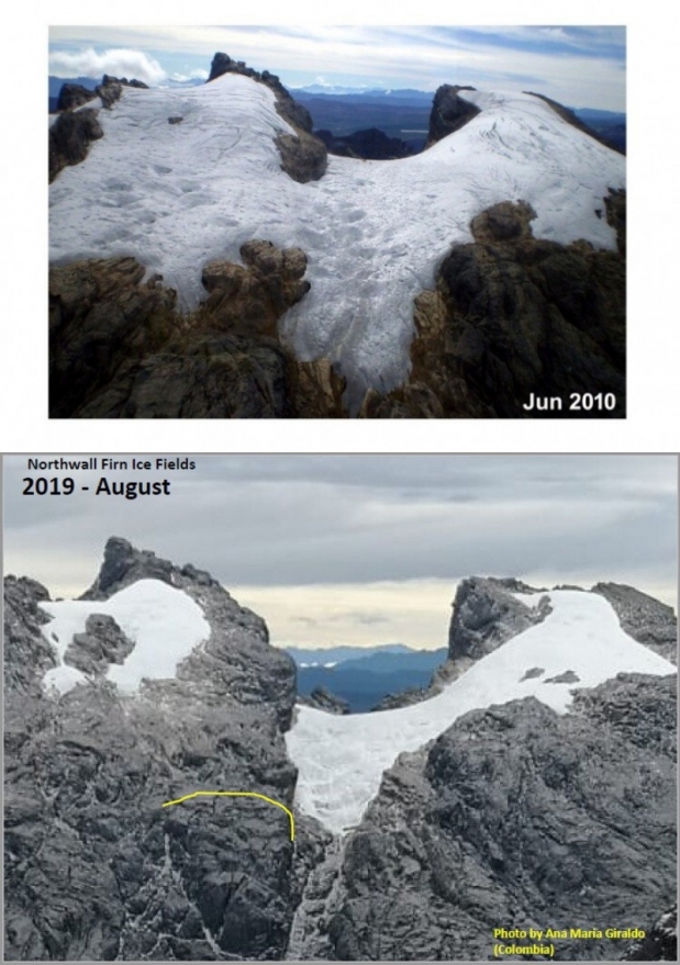 2010년과 2019년의 파푸아 빙하 사진. Credit: Lonnie Thompson/Ana Maria Giraldo)