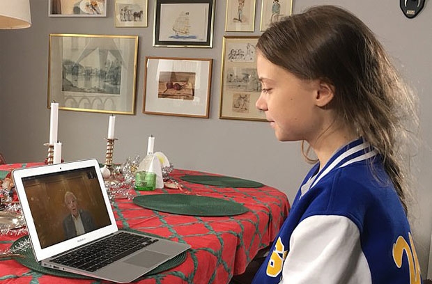 동물학자 데이비드 애튼버러와 화상 통화 중인 그레타 툰베리./사진=미샬 후세인 트위터