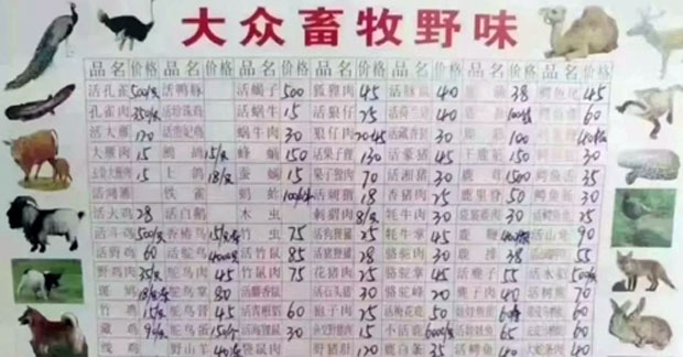 중국 우한시 화난수산시장 내 상인이 내건 메뉴판. 공작과 지네, 캥거루, 코알라 등 기상천외한 수십 가지 야생동물 먹거리를 팔고 있다./사진=웨이보