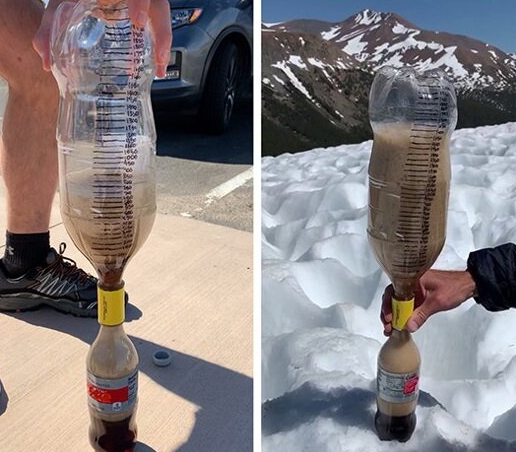 서로 다른 고도에서의 콜라 멘토스 실험. 왼쪽이 해발 고도이며 오른쪽은 해발 3000m.(사진=토머스 커츨먼 & 라이언 존슨 / 화학교육저널)