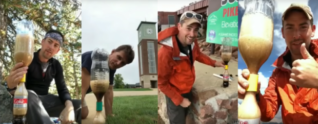 커츨먼 박사는 여행지의 다양한 고도에서 콜라 멘토스 실험을 반복했다.(사진=토미 테크네튬/유튜브)