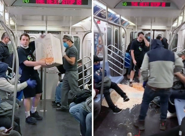 지하철 좌석에 앉아 다른 승객의 시선을 즐기며 시리얼을 퍼먹던 그는 잠시 후 플라스틱 통을 들고 지하철 한가운데에 섰다. 그가 혹시 먹어보고 싶은 사람이 있느냐며 통을 들어 보인 순간 안에 있던 내용물이 지하철 바닥에 쏟아졌다./사진=트위터(틱톡 공유영상)